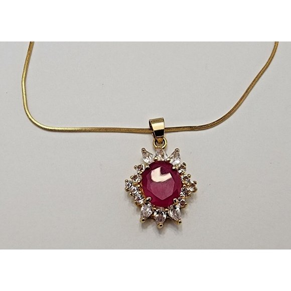 Jewelry - 18k Gold Plated Ruby & Clear Cubic Zirconia CZ Pendant Necklace